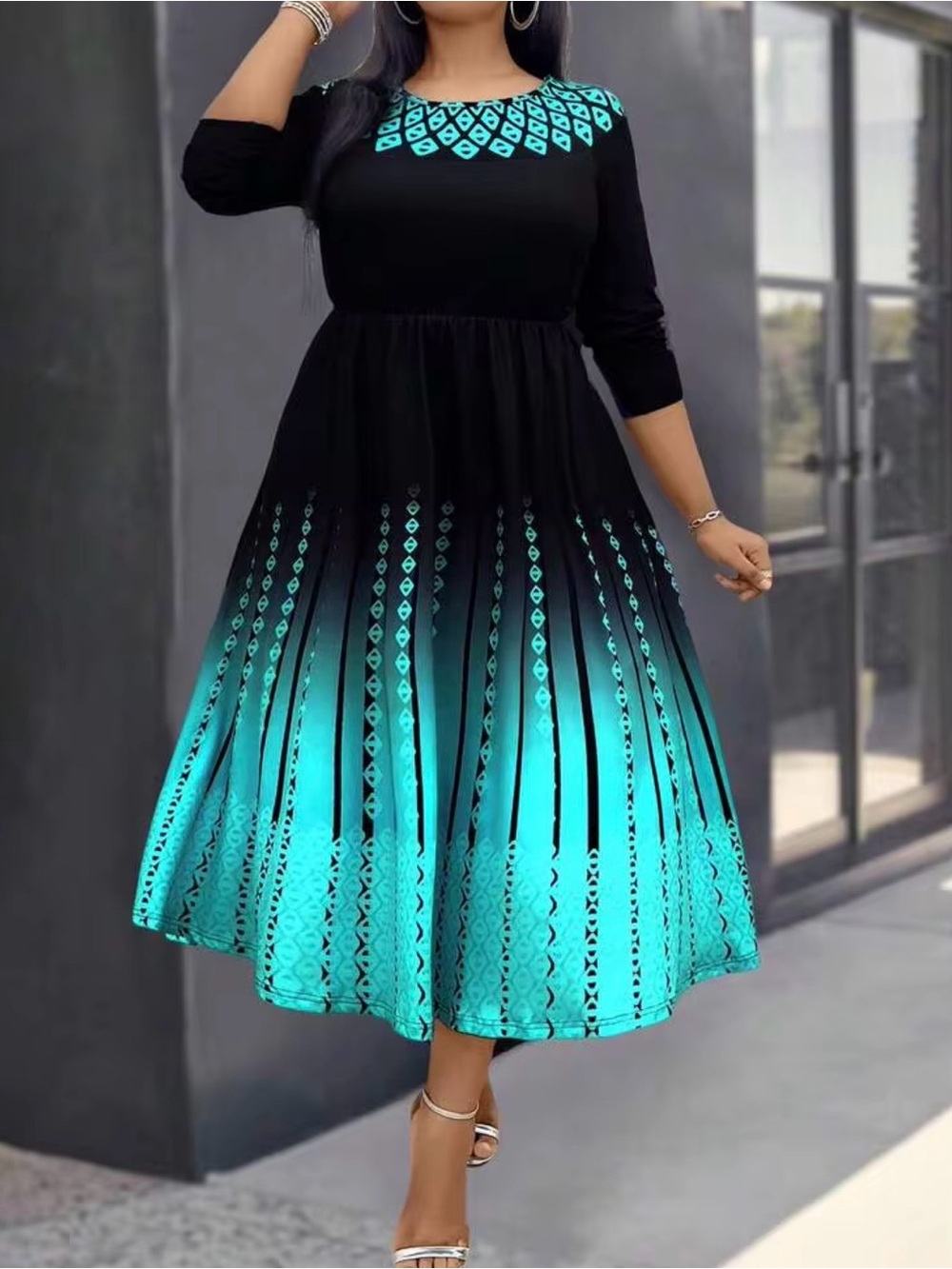 SHEIN Black & Teal Ombre Fit-and-Flare Midi Dress